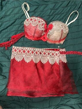 Red Lace & Mesh Embellished Two-Piece Rave Festival Set with Garter